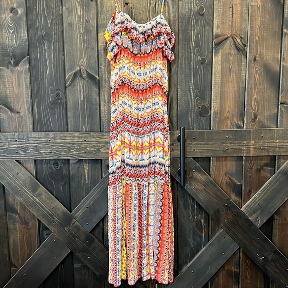Easel Pleated Maxi Dress L Colorful Boho Ruffle Sleeveless Flowy Spring Summer - Picture 1 of 12